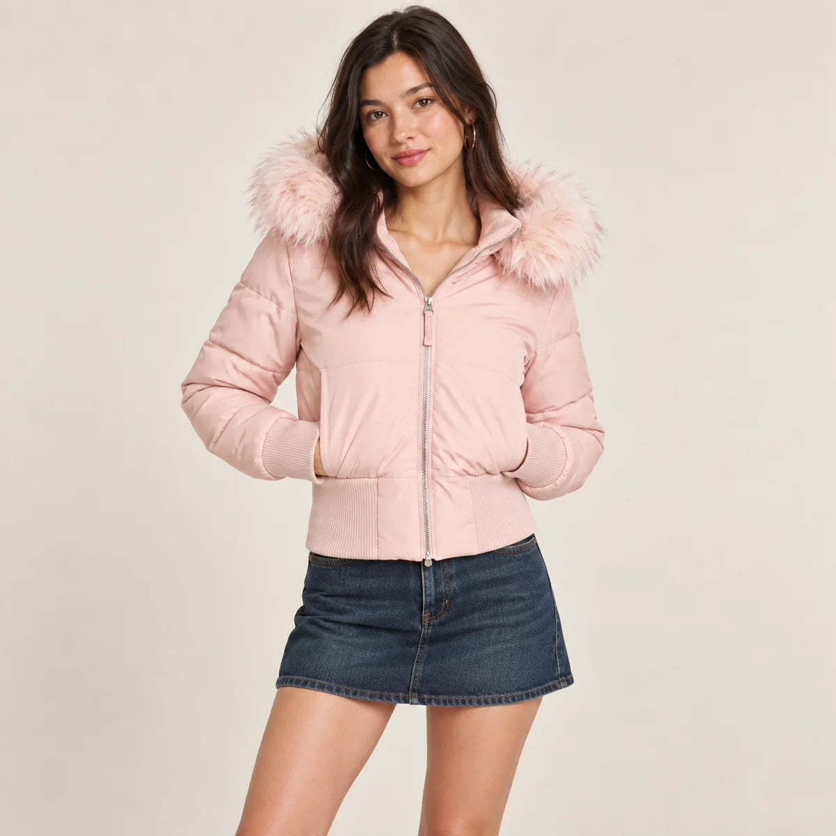 Brown Puffer Jacket – Faux Fur Collar Fitted Padded