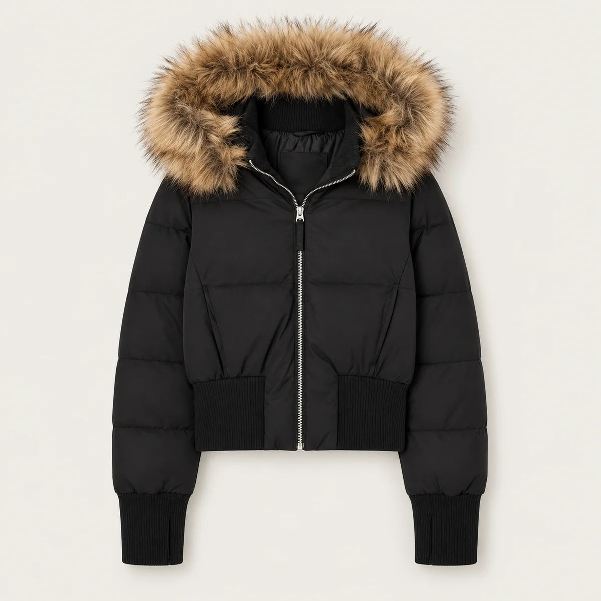 Brown Puffer Jacket – Faux Fur Collar Fitted Padded