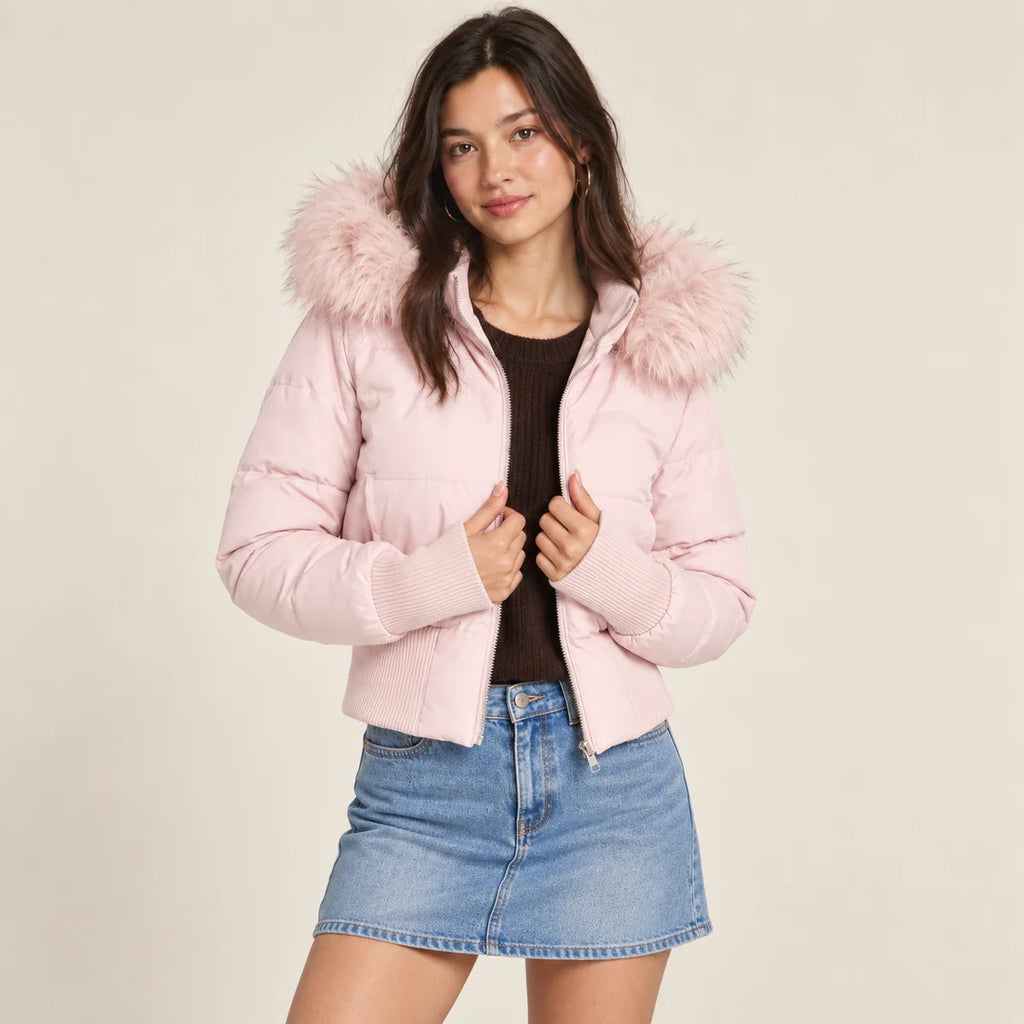 Brown Puffer Jacket – Faux Fur Collar Fitted Padded