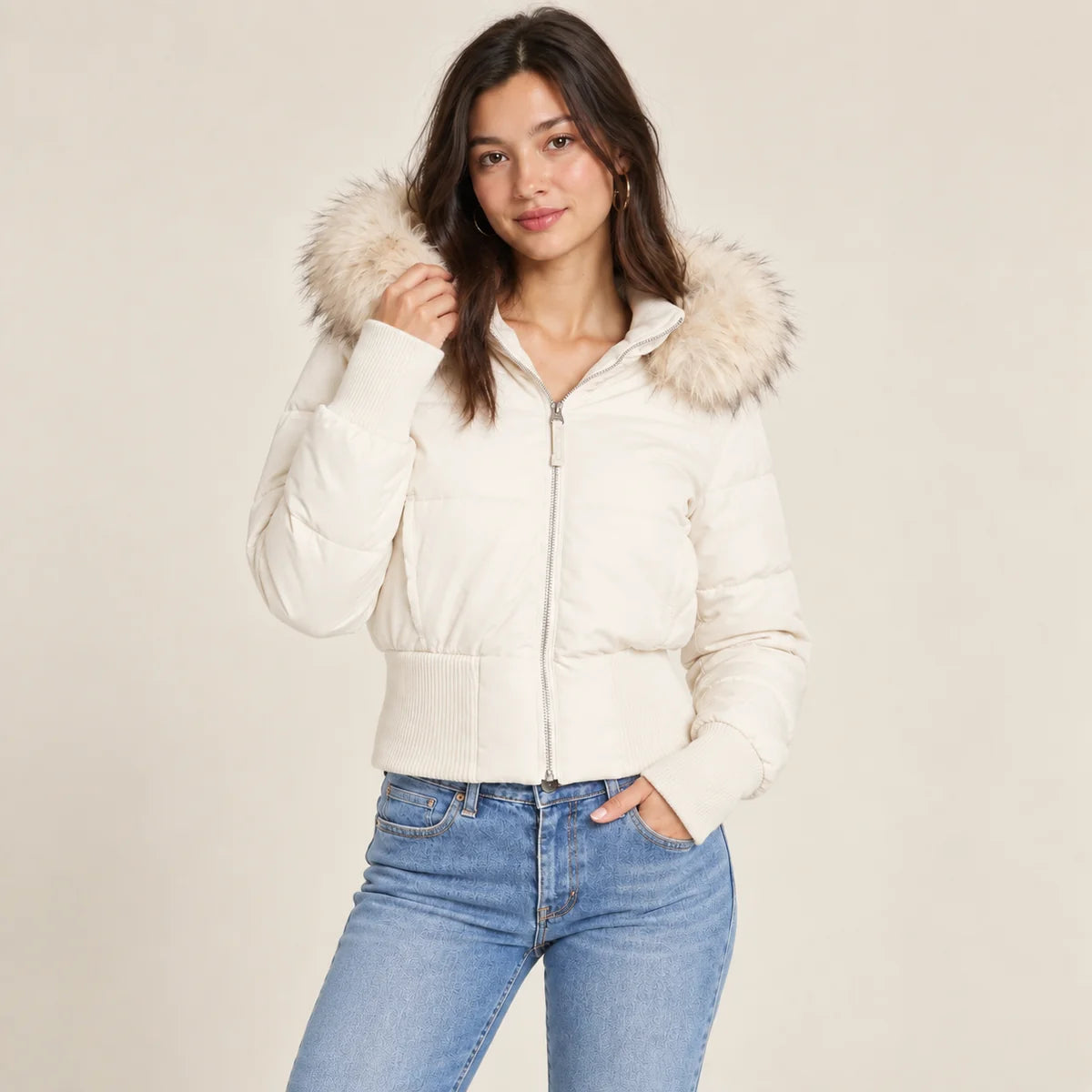 Brown Puffer Jacket – Faux Fur Collar Fitted Padded
