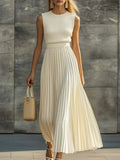 Chiffon Maxi Dress – Cream Pleated Knit Top Maxi Dress