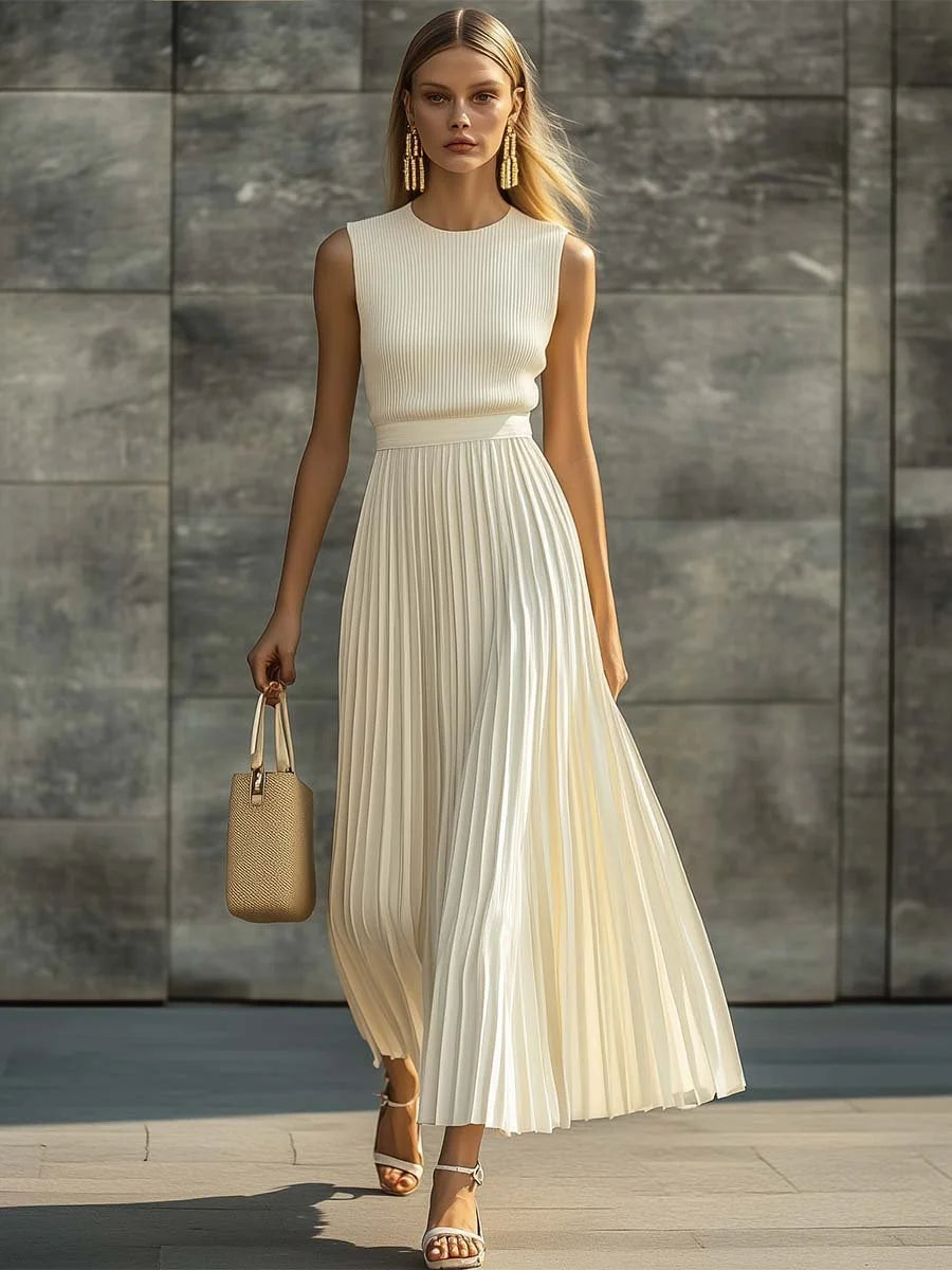 Chiffon Maxi Dress – Cream Pleated Knit Top Maxi Dress