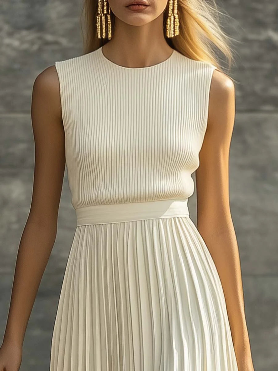 Chiffon Maxi Dress – Cream Pleated Knit Top Maxi Dress