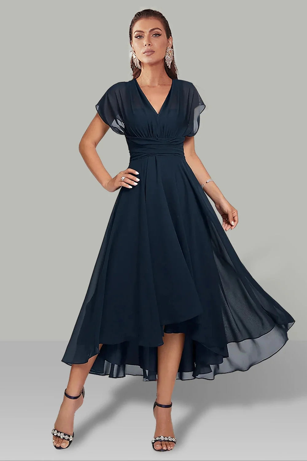 Cocktail Maxi Dress with V Neck and Short Sleeves
