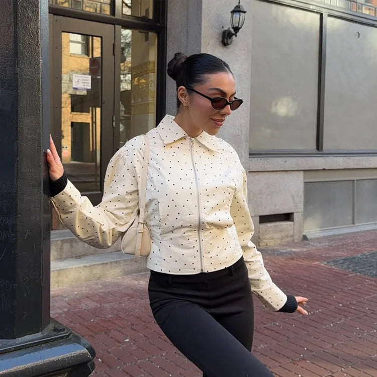 Cream Polka Dot Jacket – Fitted Long Sleeve with Hidden Zip