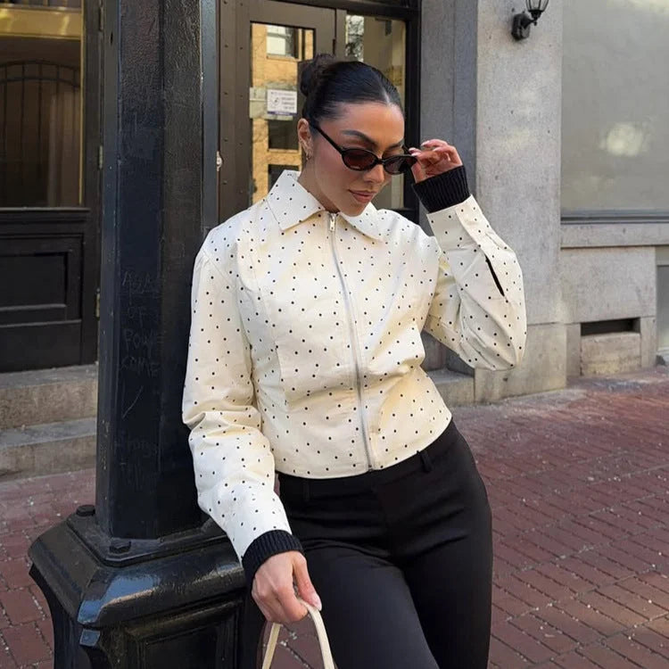 Cream Polka Dot Jacket – Fitted Long Sleeve with Hidden Zip
