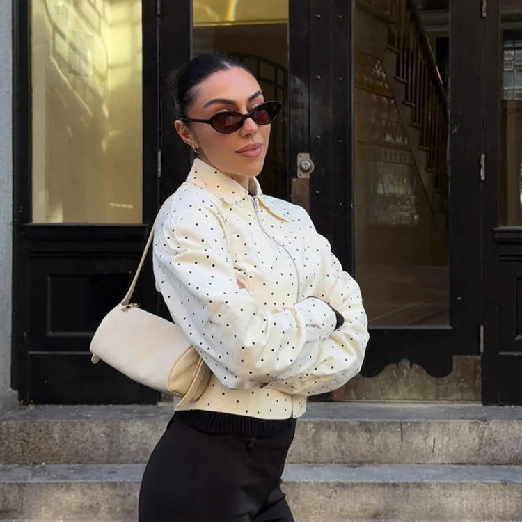 Cream Polka Dot Jacket – Fitted Long Sleeve with Hidden Zip