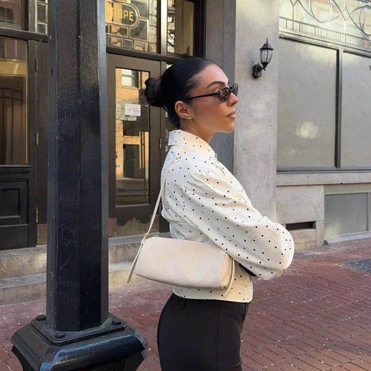 Cream Polka Dot Jacket – Fitted Long Sleeve with Hidden Zip