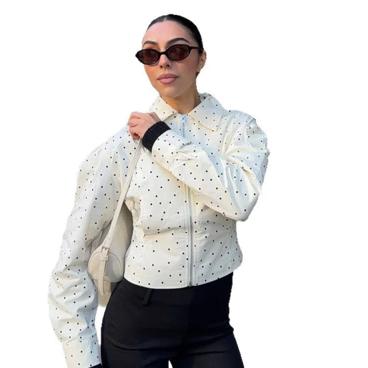 Cream Polka Dot Jacket – Fitted Long Sleeve with Hidden Zip