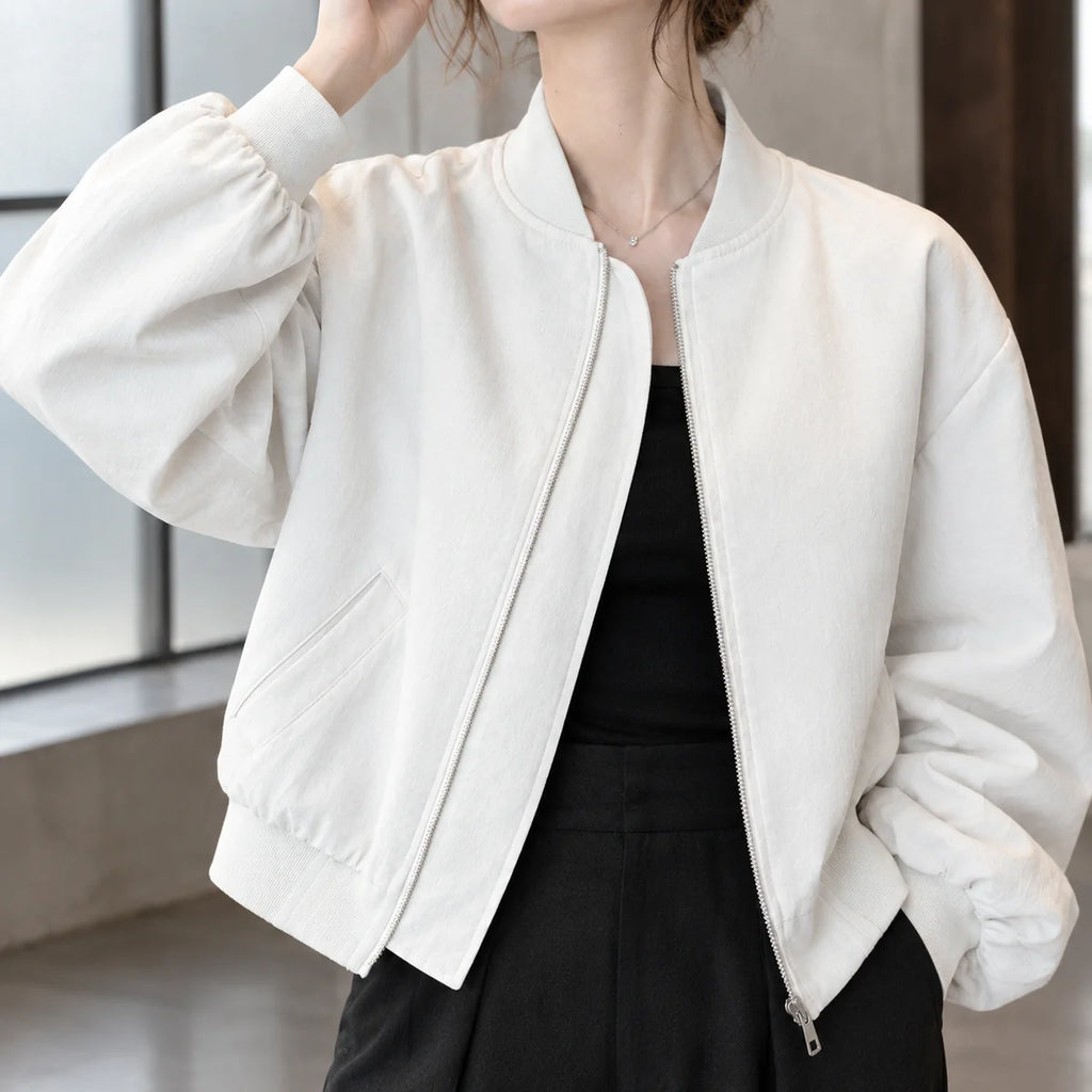 Cropped Bomber Jacket – White Zip-Front Ribbed Hem