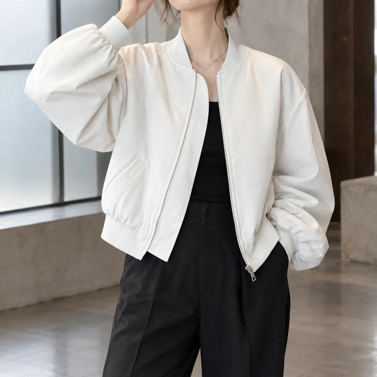 Cropped Bomber Jacket – White Zip-Front Ribbed Hem