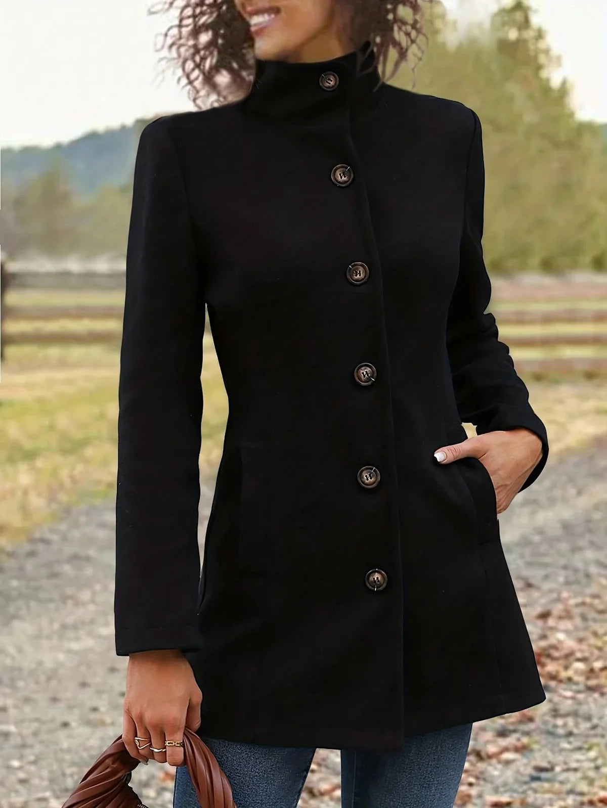 Eleanor Mid Length Trench Coat for Women - Waist Defining Stand Collar Coat