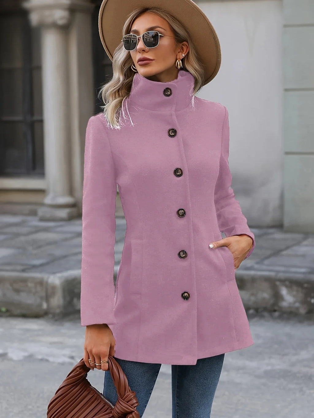 Eleanor Mid Length Trench Coat for Women - Waist Defining Stand Collar Coat