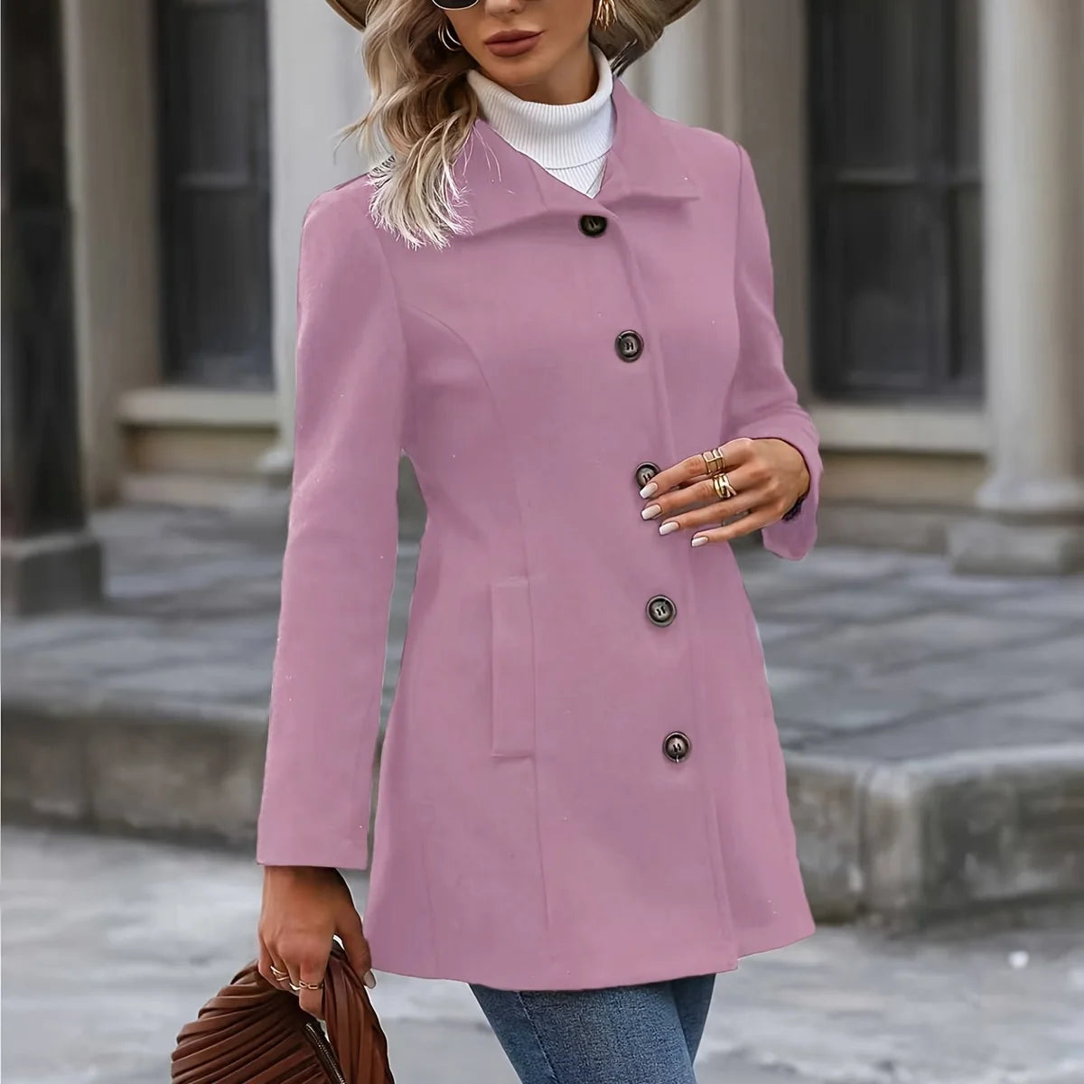 Eleanor Mid Length Trench Coat for Women - Waist Defining Stand Collar Coat