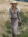 Faux Suede Midi Dress with Fringe and Zip Front