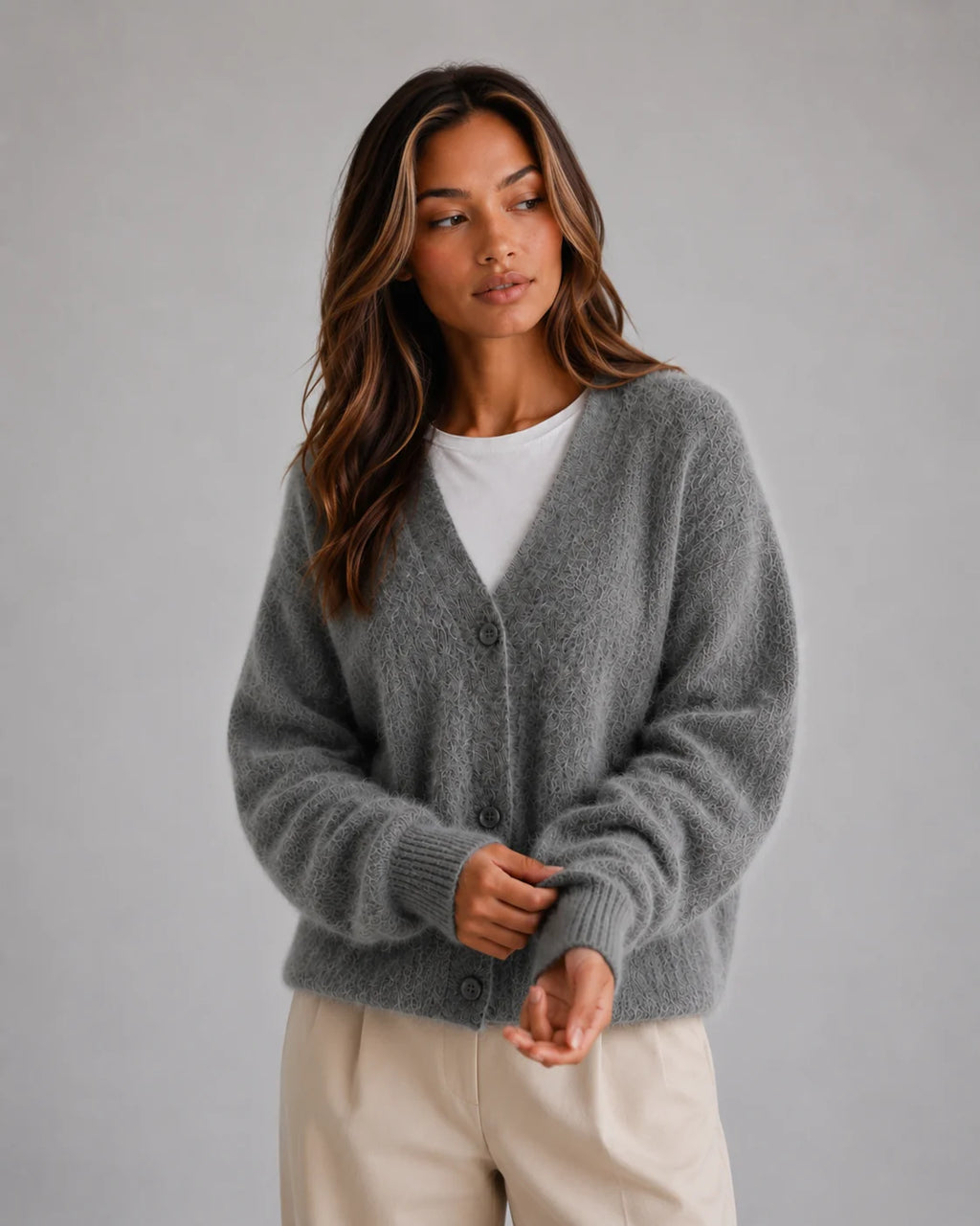 Fuzzy Cardigan – Khaki Button Front Knit Cardigan Sweater
