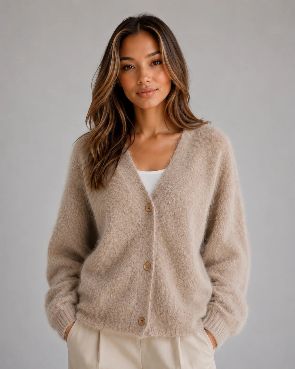 Fuzzy Cardigan – Khaki Button Front Knit Cardigan Sweater