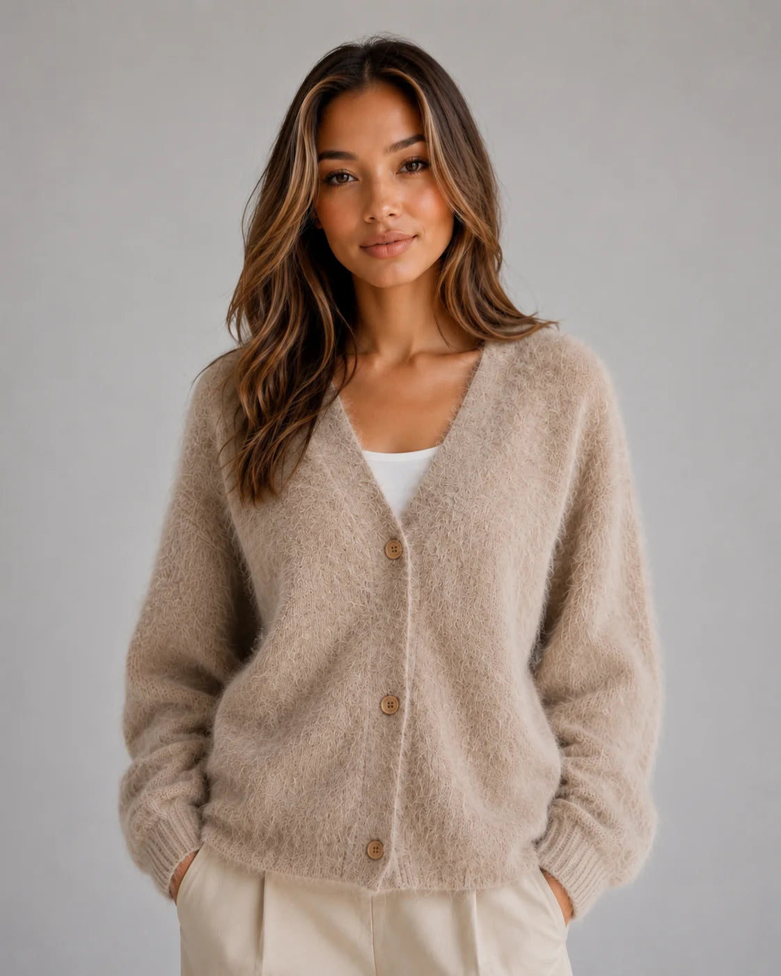 Fuzzy Cardigan – Khaki Button Front Knit Cardigan Sweater