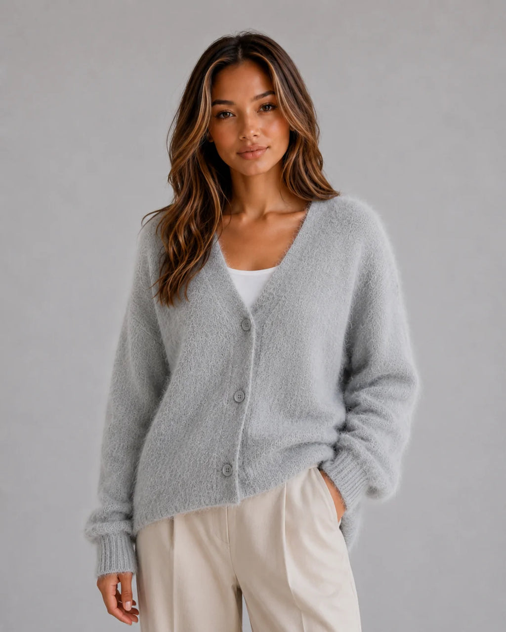 Fuzzy Cardigan – Khaki Button Front Knit Cardigan Sweater