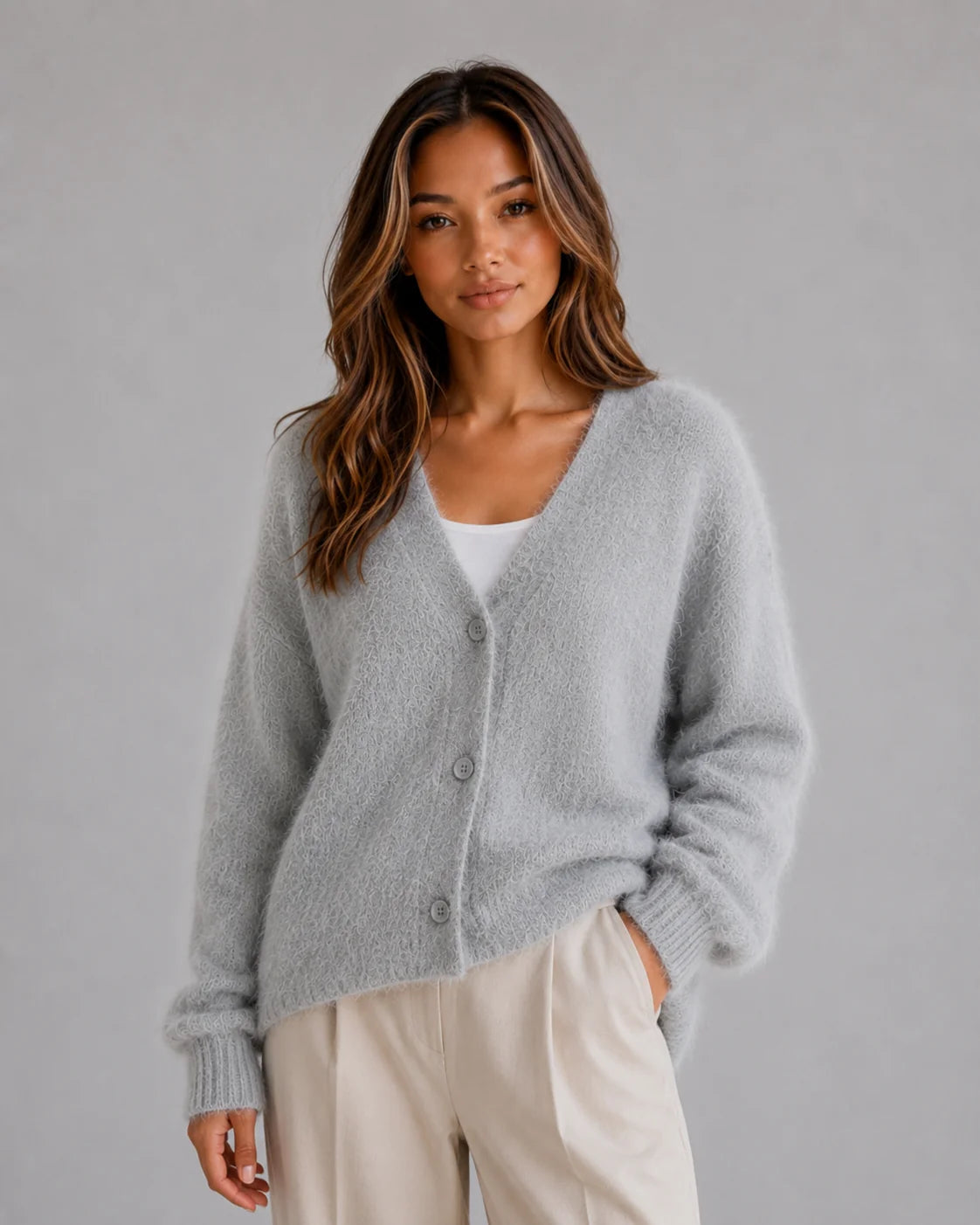 Fuzzy Cardigan – Khaki Button Front Knit Cardigan Sweater