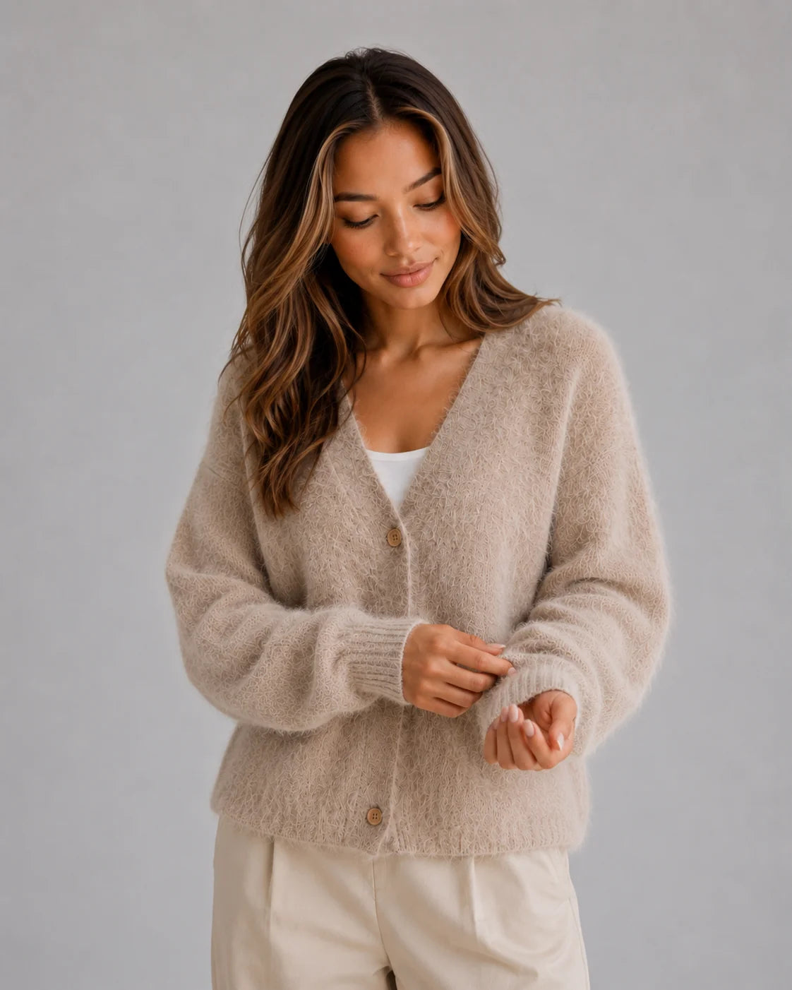 Fuzzy Cardigan – Khaki Button Front Knit Cardigan Sweater
