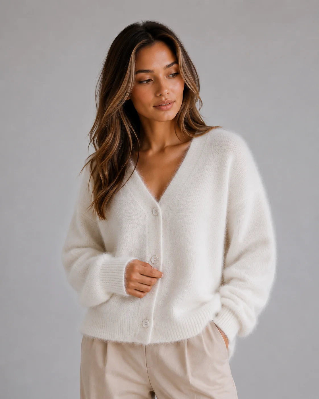 Fuzzy Cardigan – Khaki Button Front Knit Cardigan Sweater
