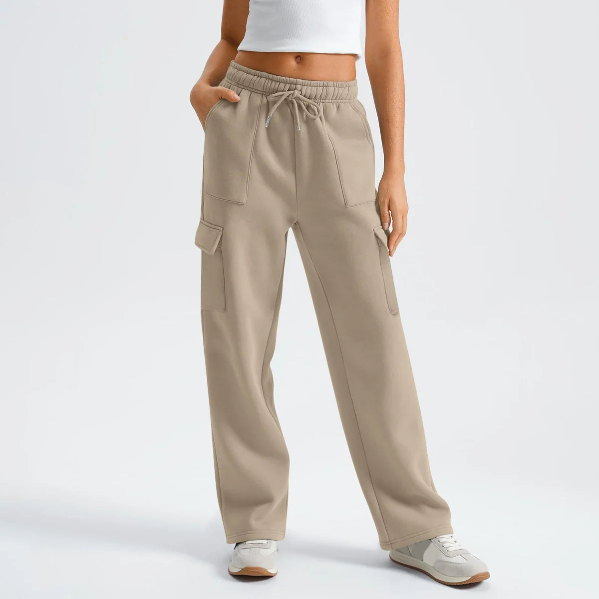 Khaki Cargo Pants – Drawstring Waist Wide Leg