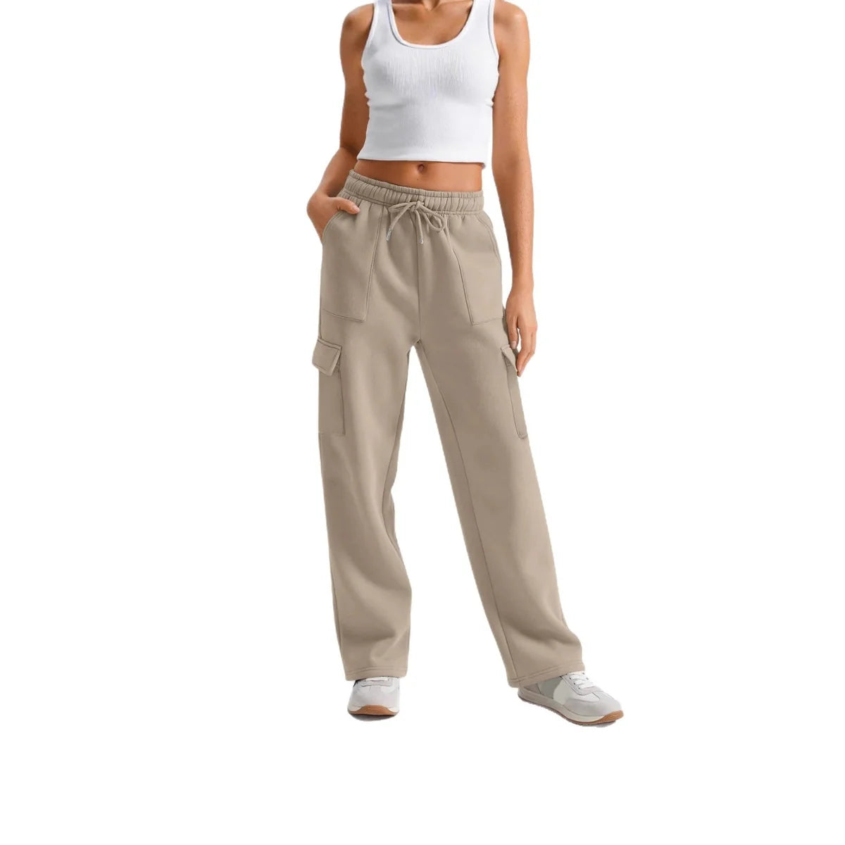 Khaki Cargo Pants – Drawstring Waist Wide Leg