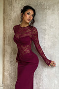 Lace Maxi Dress Sheer Long Sleeve Twist Front
