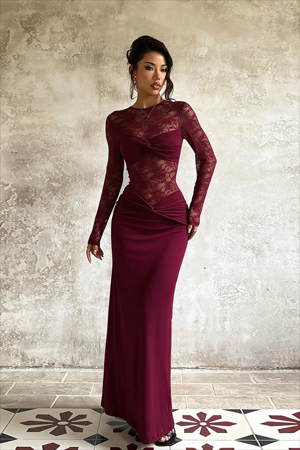 Lace Maxi Dress Sheer Long Sleeve Twist Front