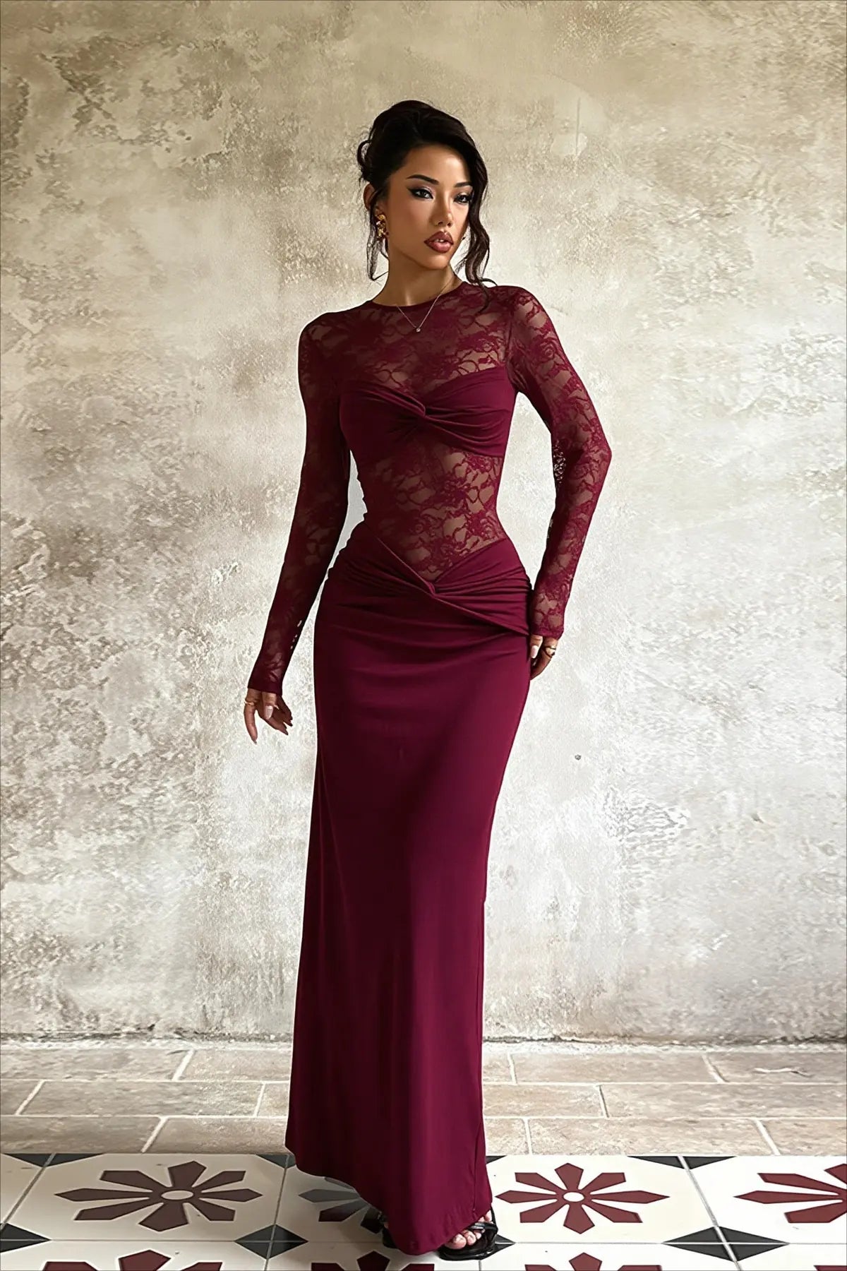 Lace Maxi Dress Sheer Long Sleeve Twist Front