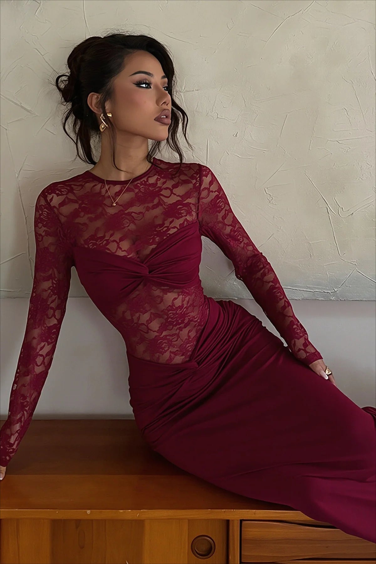 Lace Maxi Dress Sheer Long Sleeve Twist Front