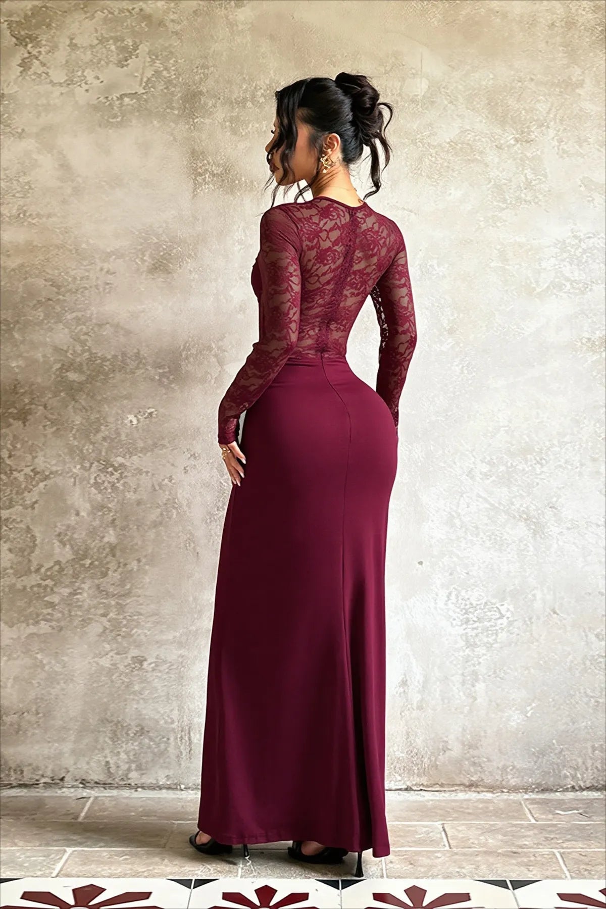 Lace Maxi Dress Sheer Long Sleeve Twist Front