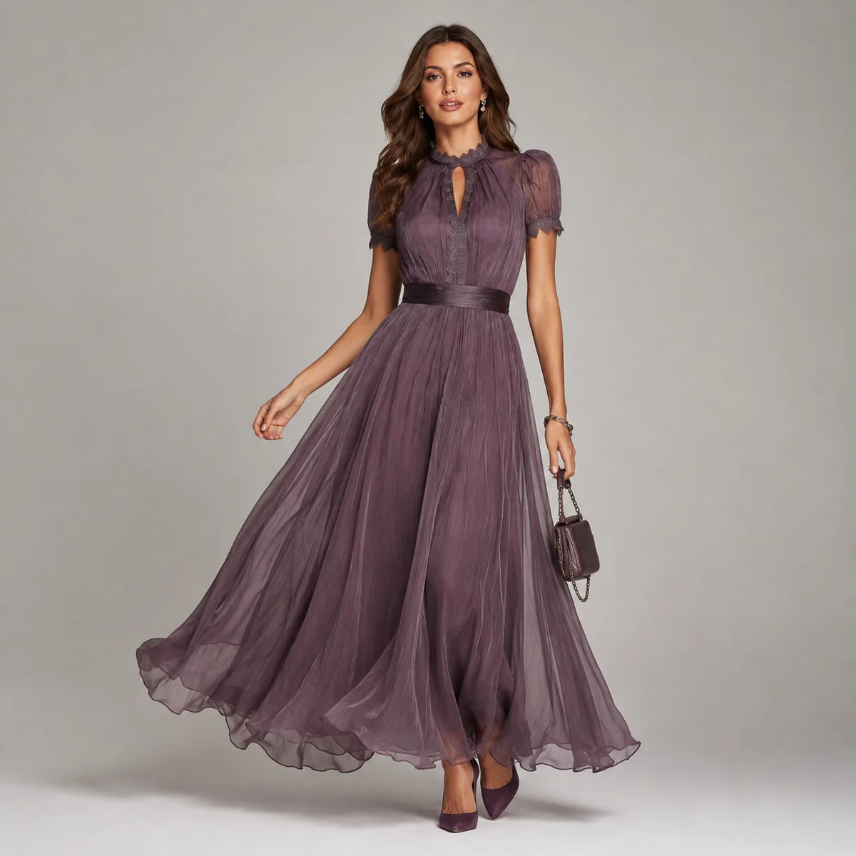 Lace Trim Chiffon Maxi Dress