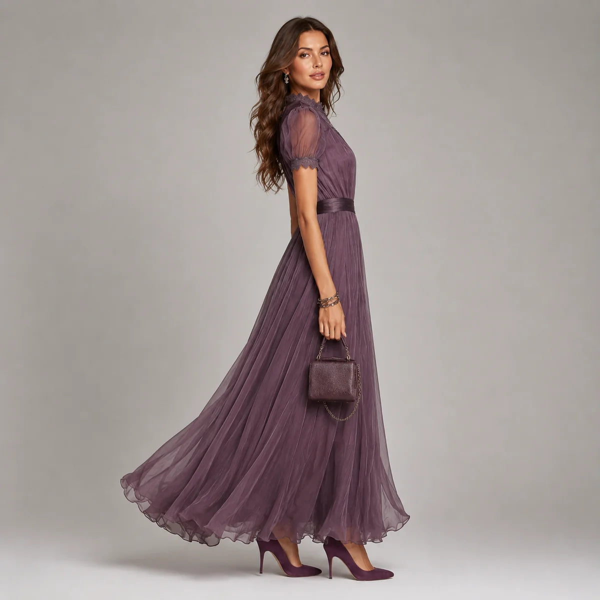 Lace Trim Chiffon Maxi Dress