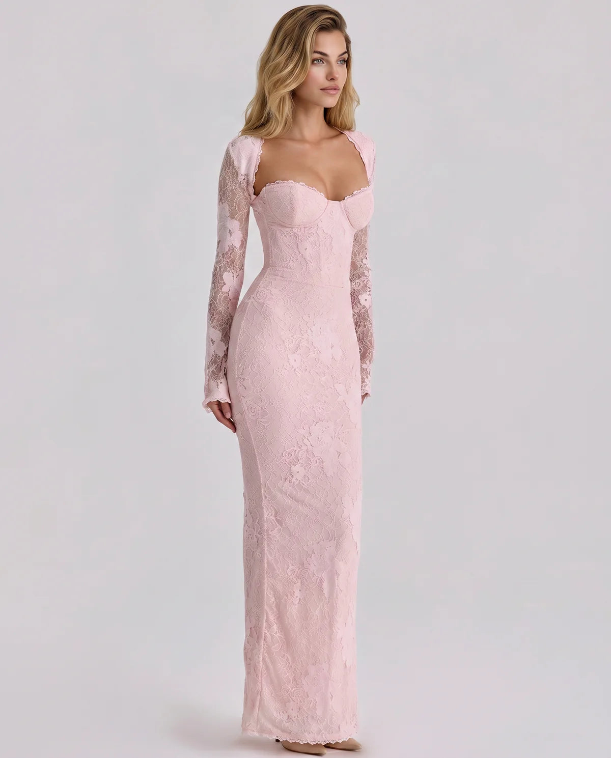 Long Sleeve Lace Maxi Dress with Sweetheart Bodice