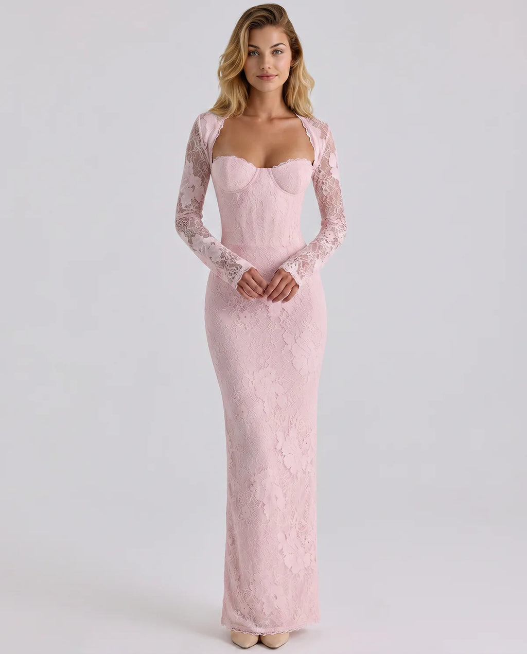 Long Sleeve Lace Maxi Dress with Sweetheart Bodice