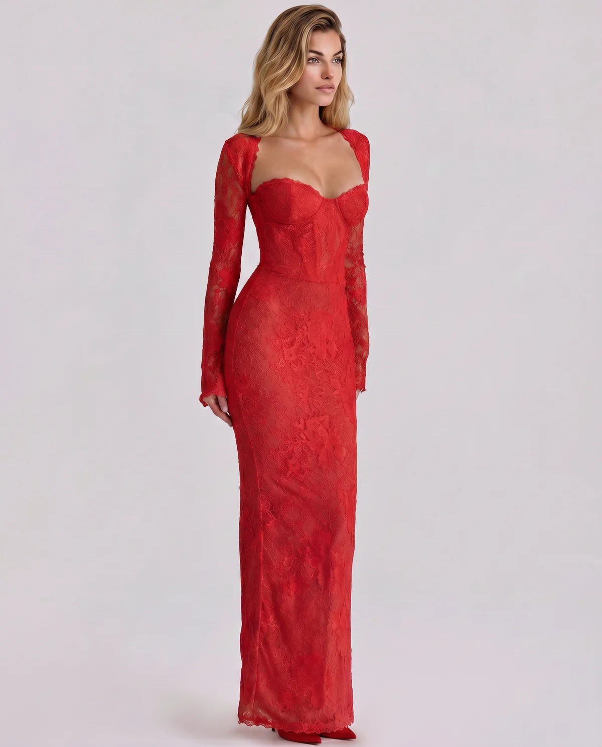 Long Sleeve Lace Maxi Dress with Sweetheart Bodice