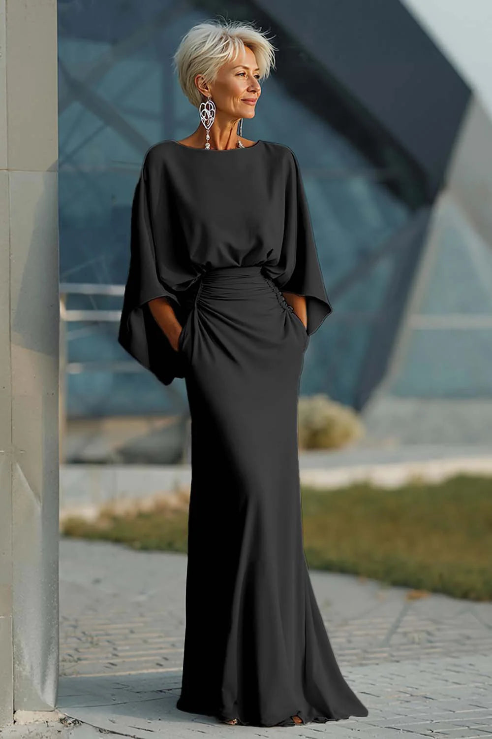 Mathilde Mother of the Bride Dress - Satin Mermaid Batwing Sleeve Maxi with Pockets