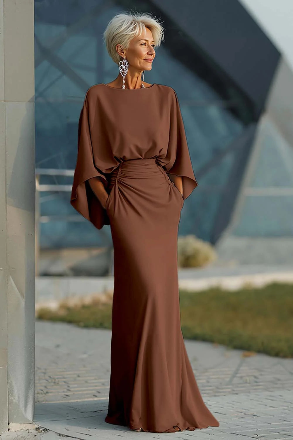 Mathilde Mother of the Bride Dress - Satin Mermaid Batwing Sleeve Maxi with Pockets