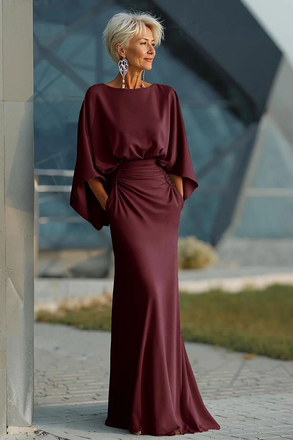 Mathilde Mother of the Bride Dress - Satin Mermaid Batwing Sleeve Maxi with Pockets
