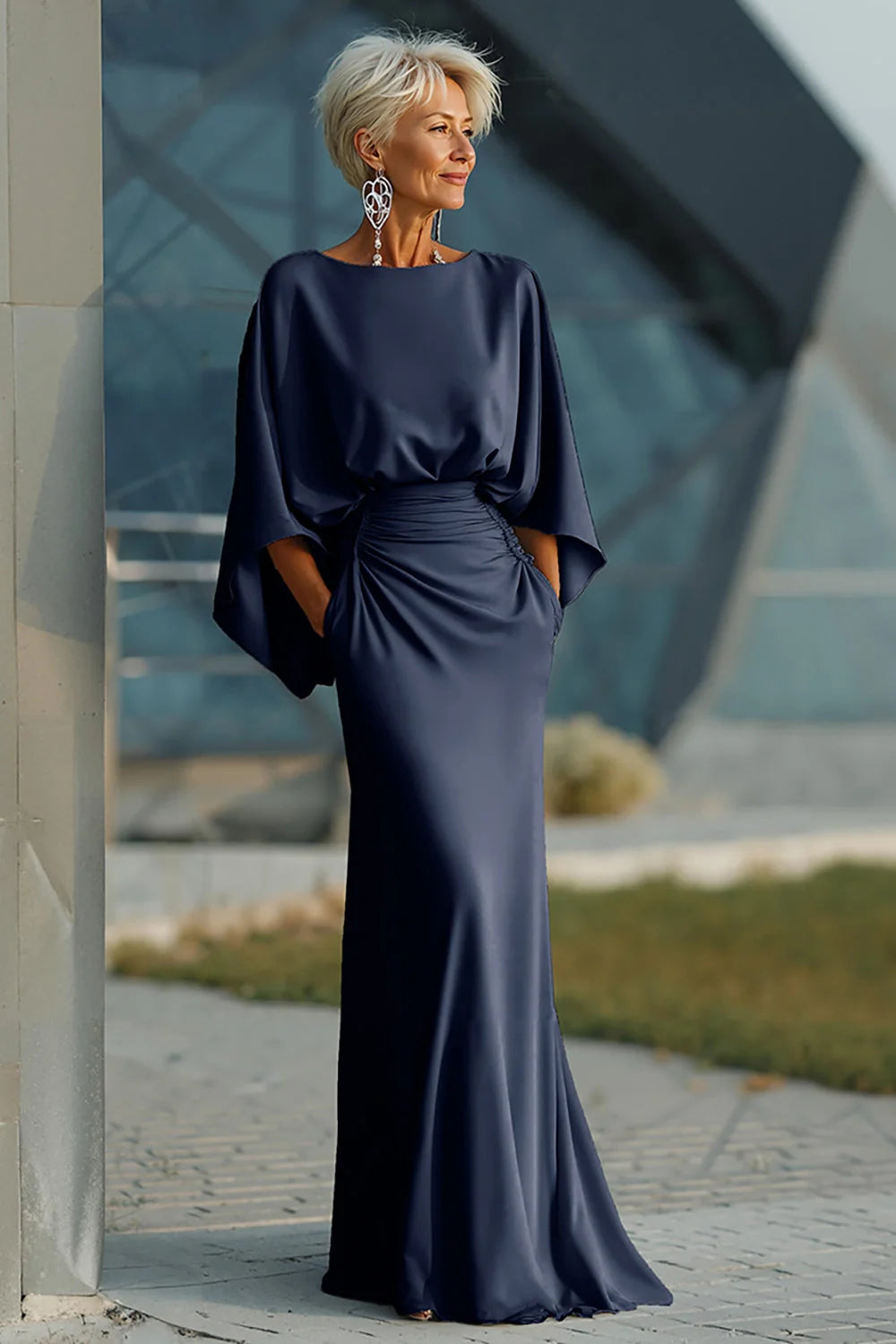 Mathilde Mother of the Bride Dress - Satin Mermaid Batwing Sleeve Maxi with Pockets