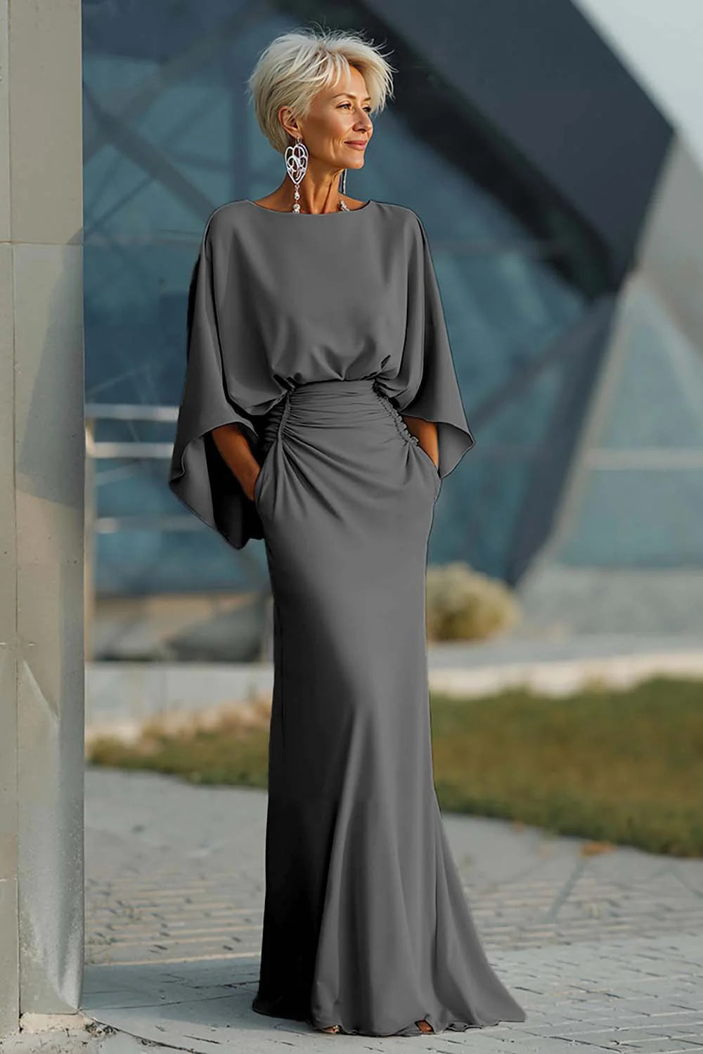 Mathilde Mother of the Bride Dress - Satin Mermaid Batwing Sleeve Maxi with Pockets