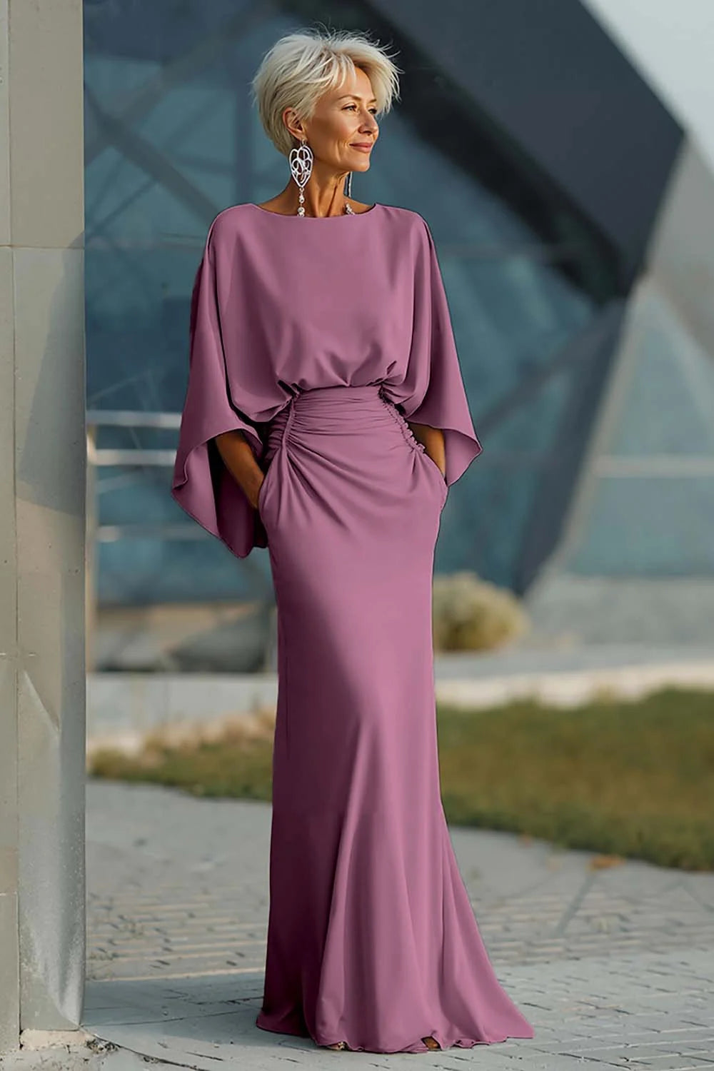 Mathilde Mother of the Bride Dress - Satin Mermaid Batwing Sleeve Maxi with Pockets