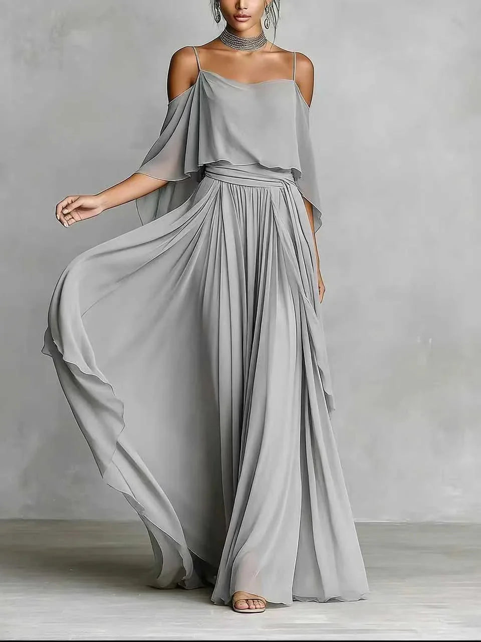 Off Shoulder Chiffon Maxi Dress