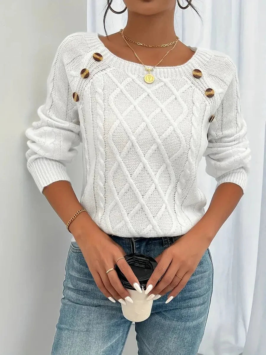womens cable knit sweater – White
