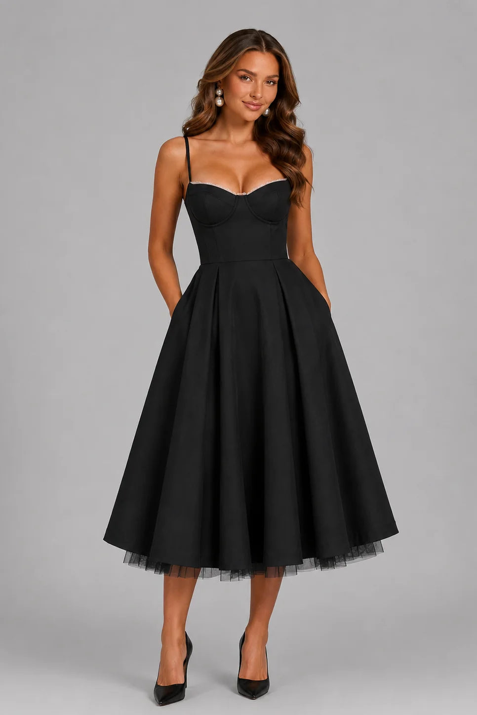 Satin Slip Midi Dress – Black Corset Spaghetti Strap Flared