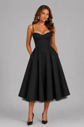 Satin Slip Midi Dress – Black Corset Spaghetti Strap Flared