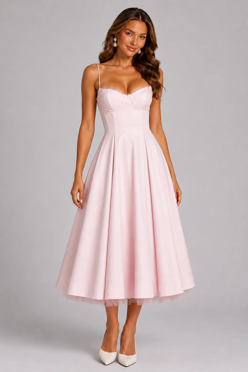 Satin Slip Midi Dress – Black Corset Spaghetti Strap Flared