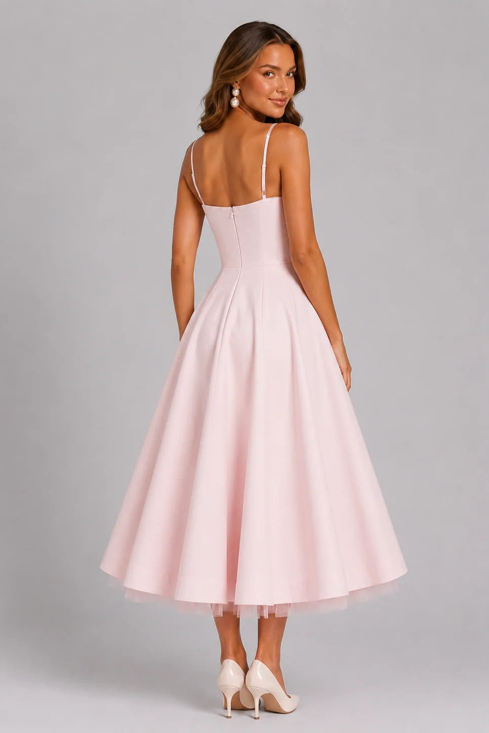 Satin Slip Midi Dress – Black Corset Spaghetti Strap Flared